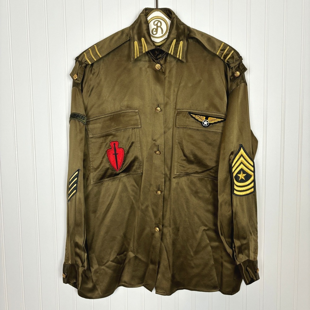 Baldanza Military Silk Shirt Women 4 Olive Green Patch Embroidered Epaulet